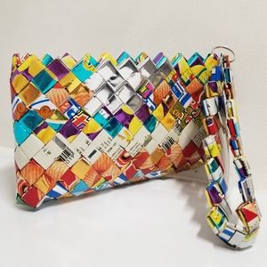 Eco-friendly Hand Woven Silver Multi Recycled Foil Wrapper Wristlet Bag NWT
